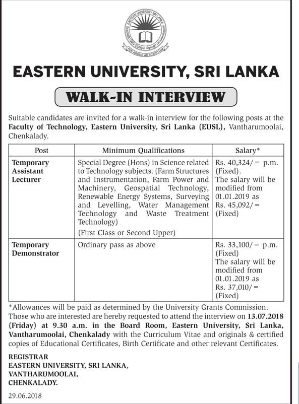 Temporary Assistant Lecturer, Temporary Demonstrator - Eastern University